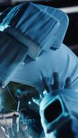 Vertical Astronaut checks orbital navigation data in cockpit after completing planet surface expedition. Cosmonaut running telemetry software, updating flight log to return home, camera B video
