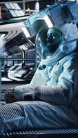 Vertical Researchers fly together in starship exploring Mars, expanding human presence in space Cosmonauts ensuring operational readiness before landing on red planet supporting future colonization, camera A video