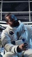 verticaal ruimteschip bemanning lid verblind door licht komt eraan van onbekend buitenaards wezen vaartuig buiten kuip venster. kosmonaut maken contact met niet geïdentificeerd buitenaards aanwezigheid in orbital station, camera b video