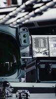 Vertical Chroma key tablet in orbital station surrounded by high tech gear tracking telemetry software. Isolated screen device enabling real time mission control and spacecraft status updates video