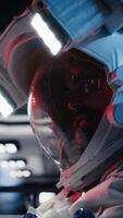 Vertical Astronaut looking at planet visualization before stepping out for scheduled operations outside space station. Cosmonaut in spacecraft powered by advanced engineering landing on planet, camera B video