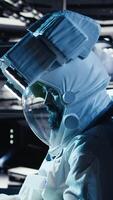 Vertical Astronauts flying together in starship exploring Mars, mapping unknown worlds. Cosmonaut in spacecraft ensuring operational readiness before landing on red planet to gather stellar data, camera A video