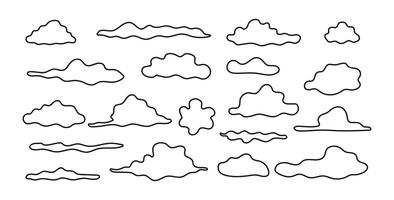 Collection of Black Outline Cloud Shapes on Isolated White Background. Concept of Weather Symbols, Minimalist, Abstract Sky Design, Set Clouds, Graphic Illustration, Nature Elements. ClipArt vector