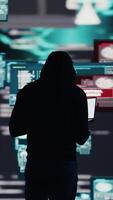 Vertical Professional spy compromising cyber security through malware and viruses, digital threat of hacking with unauthorized intrusion into secure networks. Leading to quantum threat and risk. Camera B. video