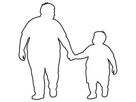 Black outline of an overweight man walking with child boy hand in hand, isolated on white background. concept of family, bonding, parenthood, father and son relationship, design element vector