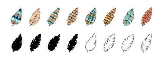 Set of Feathers in Different Styles Colorful, Black Silhouette, Outline. Collection of Artistic Bird Feathers with Geometric and Abstract Patterns. Concept of Boho, Nature Art, Graphic Clipart, Design vector