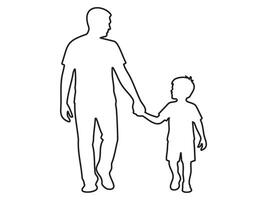 Black outline of a man walking with child boy holding hands, isolated on white background, graphic illustration. concept of father and son, family, bond, companionship, design element vector