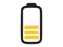 Black outline icon of partially charged battery with yellow bars isolated on white background. Concept of power indicator, energy level, charging progress, shows battery charge status vector