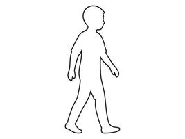 Black outline icon of walking school age child isolated on white background. Concept of boy, elementary student, active childhood, kid mobility, male figure, icon, logo, design element vector