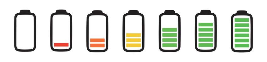 Set of battery icons showing different charge levels, isolated on white background, graphic illustration. concept of energy, power supply, battery life, digital device, charging status vector