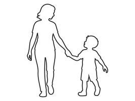 Black outline of a woman walking with a child boy, isolated on white background, graphic illustration. concept of parent, mother and son, family bond, caring, motherhood, design element vector