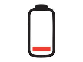 Graphic illustration of a battery icon showing low charge level in black and red, isolated on white background. concept of energy, power status, icon, logo, charging, design element vector