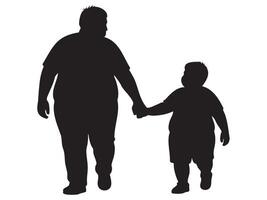 Black silhouette of an overweight man walking with child boy hand in hand, isolated on white background. concept of family, bonding, parenthood, father and son relationship, design element vector