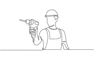 Continuous line drawing of young handyman wearing uniform while holding drill machine. Builder man holding drill and wearing helmet. One continuous line art drawing. vector