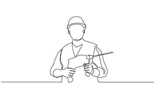 Continuous line drawing of young handyman wearing uniform while holding drill machine. Builder man holding drill and wearing helmet. One continuous line art drawing vector