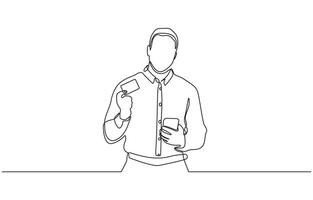 Continuous one line drawing of man holding business card concept of online shopping, Man hand holding a blank card illustration continuous line drawing. vector