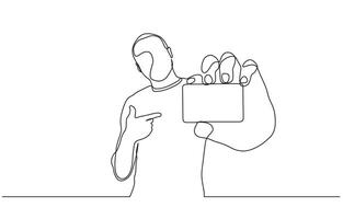 Continuous one line drawing of man holding business card concept of online shopping, Man hand holding a blank card illustration continuous line drawing. Editable stroke vector