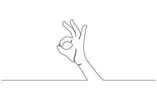 Black and white one continuous line ok hand gesture illustration, ok symbol drawing isolated on white background vector