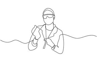 One continuous line drawing of boy added chemicals for research, Tests with liquid in tube. Scientist concept line art illustration vector