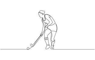 Minimalist illustration of a female field hockey athlete playing a match, Young professional ice hockey player exercising and practicing on ice rink stadium vector
