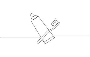 Continuous one line drawing of brush with toothpaste, Single line drawing illustration of Tooth paste with brush. Branding oral care products concept illustration. vector