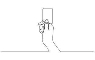 Continuous one line drawing of hand holding credit card. Contactless bank card in hand. Hand holding credit card in a continuous one line drawing style. Editable outline. vector
