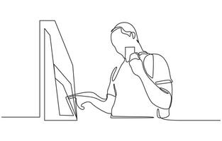 Continuous line of man taking money from the ATM. Continuous line of man taking money from the ATM, Handsome man taking money from the ATM Booth. vector