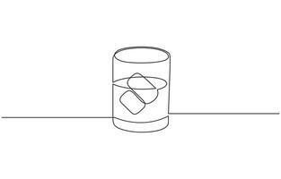 Whiskey glasses in one continuous line drawing. Whisky and liquor with ice cubes for alcohol drink menu in simple linear style vector