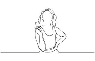 Single one line drawing happy woman use online shopping services. E-commerce concept. Continuous line draw design graphic illustration vector
