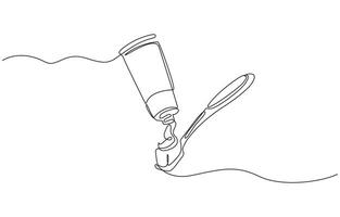 Continuous one line drawing of brush with toothpaste, Single line drawing illustration of Tooth paste with brush. Branding oral care products concept illustration vector