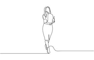 Continuous line drawing of happy young business woman holding briefcase. Single one line sketch editable stroke art of office worker. editable illustration vector