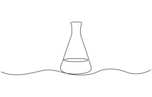 Lab experiment tools in continuous single one line art drawing. Scientific technology research medicine glass equipment design one sketch outline drawing illustration. vector