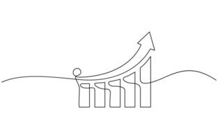 Continuous one line drawing of graph. Flat icon of increasing arrow up. Single line art of bar chart. Flat design icon of business growth. Editable outline. vector