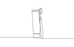 Continuous one line drawing of brush with toothpaste, Single line drawing illustration of Tooth paste with brush. Branding oral care products concept illustration art, editable outline. vector