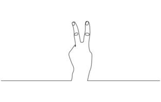 Continuous line drawing of index and middle finger, Human hand raised index and middle fingers - one line drawing. peace gesture concept. Editable outline vector