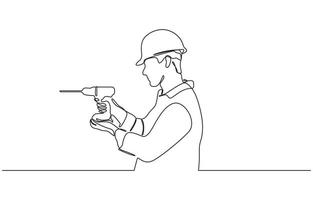 Continuous line drawing of young handyman wearing uniform while holding drill machine. Builder man holding drill and wearing helmet. One continuous line art drawing, Editable outline vector