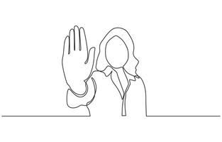 Confident woman making stop no sign with her hand palms line drawing, Single continuous line drawing young business woman showing palm as stop sign. vector