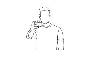 Continuous one line drawing of man holding business card concept of online shopping, Man hand holding a blank card illustration continuous line drawing vector