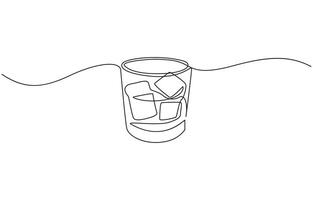Whiskey glasses in one continuous line drawing. Whisky and liquor with ice cubes for alcohol drink menu in simple design vector
