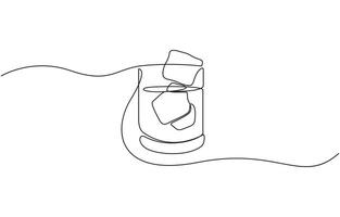 Whiskey glasses in one continuous line drawing. Whisky and liquor with ice cubes for alcohol drink menu in simple outline. vector
