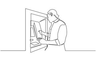 Continuous line of man taking money from the ATM. Continuous line of man taking money from the ATM, Handsome man taking money from the ATM. vector