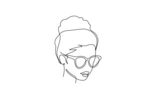 Continuous one line drawing woman face in glasses. One continuous drawing line logo single hand drawn art doodle isolated minimal illustration, Editable outline. vector