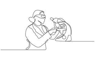 One continuous line drawing of boy added chemicals for research, Tests with liquid in tube. Scientist concept line art. vector