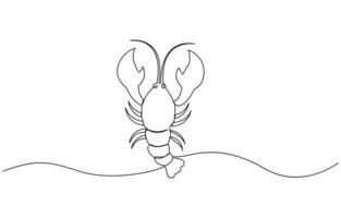 Continuous line drawing of lobster crayfish. One line of lobster crayfish. Marine animal concept Single line art illustration of crayfish lobster. vector