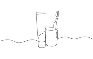 Continuous one line drawing of brush with toothpaste, Single line drawing illustration of Tooth paste with brush. Branding oral care products concept illustration art, editable outline vector