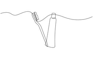 Continuous one line drawing of brush with toothpaste, Single line drawing illustration of Tooth paste with brush. Branding oral care products concept illustration art. Editable outline vector