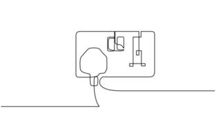 Plug inserting into electric outlet in continuous line art drawing style, Power plug and socket minimalist line, Continuous line art drawing of a plug being inserted into an electric. vector