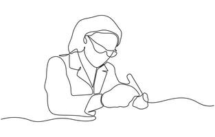 One continuous line drawing of boy added chemicals for research, Tests with liquid in tube. Scientist concept vector