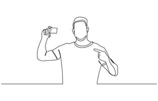 Continuous one line drawing of man holding business card concept of online shopping, Man hand holding a blank card illustration- continuous line drawing. vector