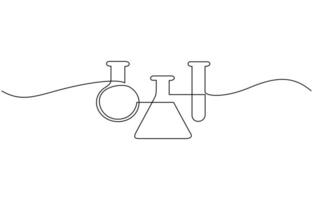 Lab experiment tools in continuous single one line art drawing. Scientific technology research medicine glass equipment design one sketch outline drawing illustration vector